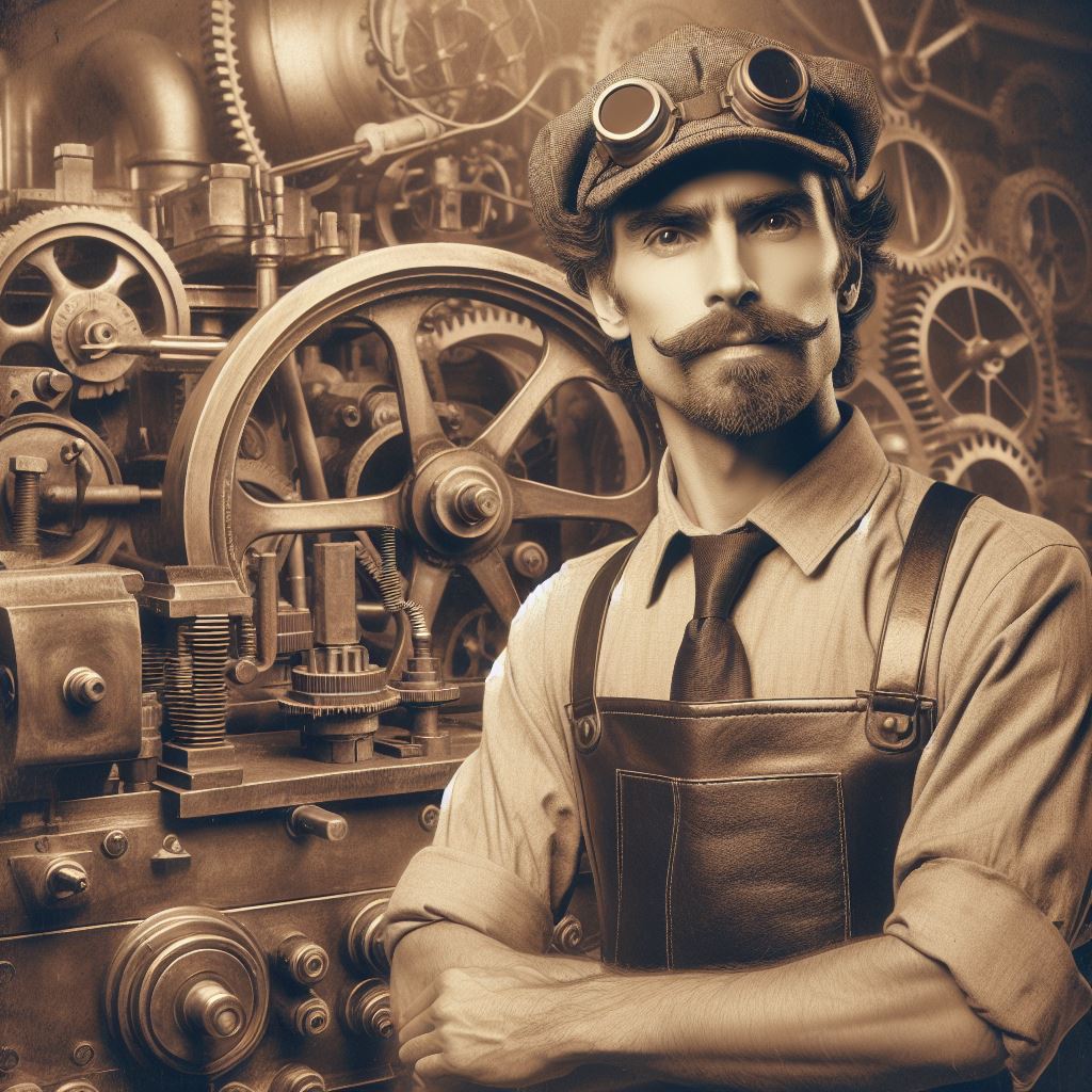 A depiction of a handyman diligently working amidst the Industrial Revolution, showcasing the craftsmanship and expertise of tradespeople during this transforma